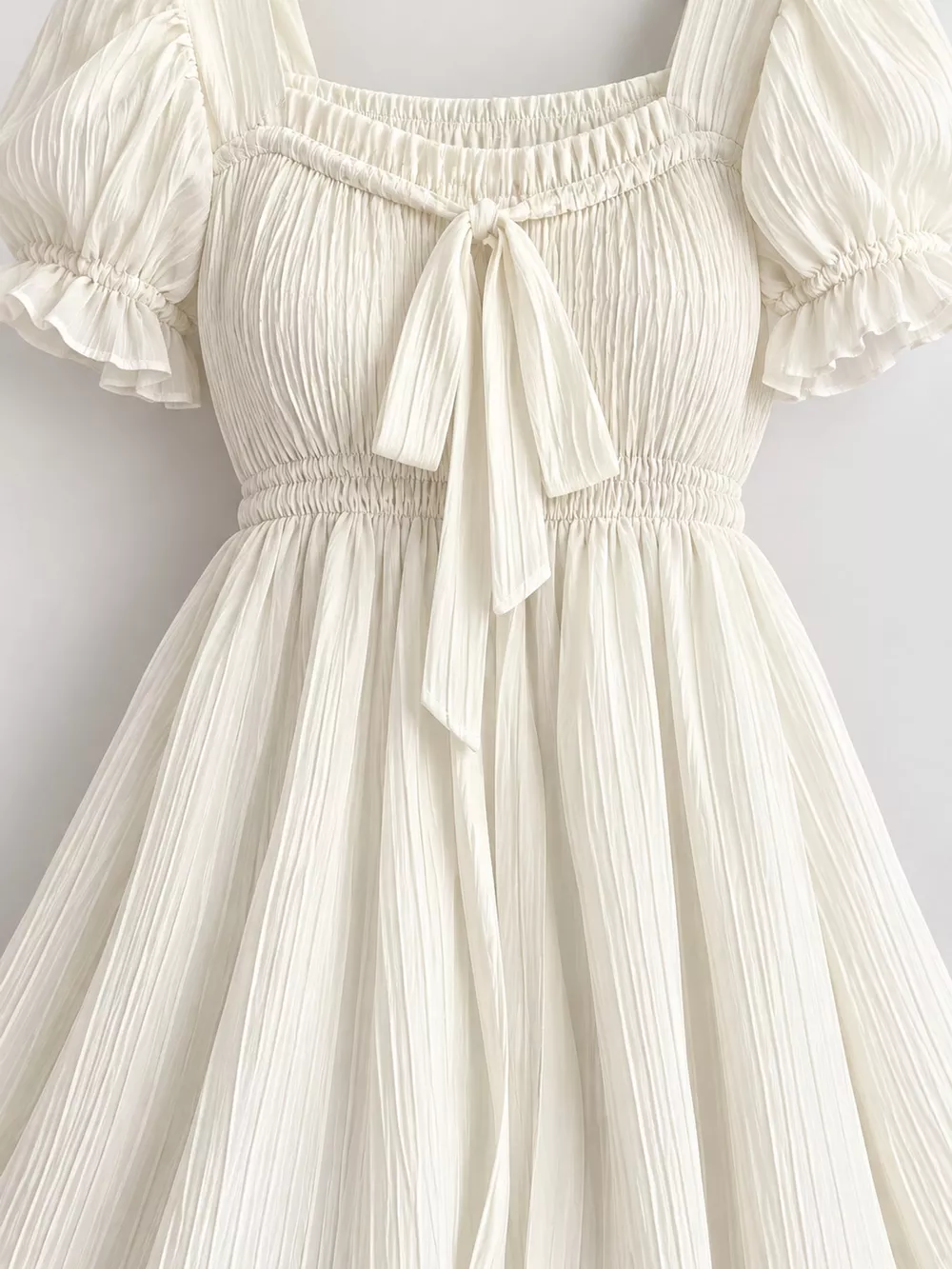 Puff-Sleeve Smocked Mini Dress with Tie-Front Detail, image 5