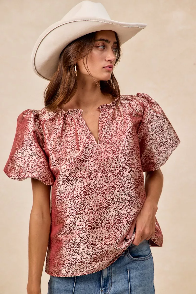 Jacquard Woven Short Balloon Sleeves V Neck Top, image 3