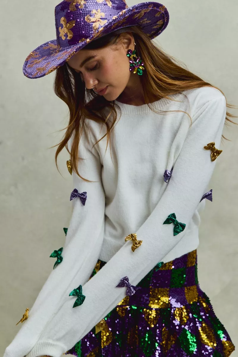 Mardi Gras Glitter Bow Ribbon Sweater Knit Top, image 3