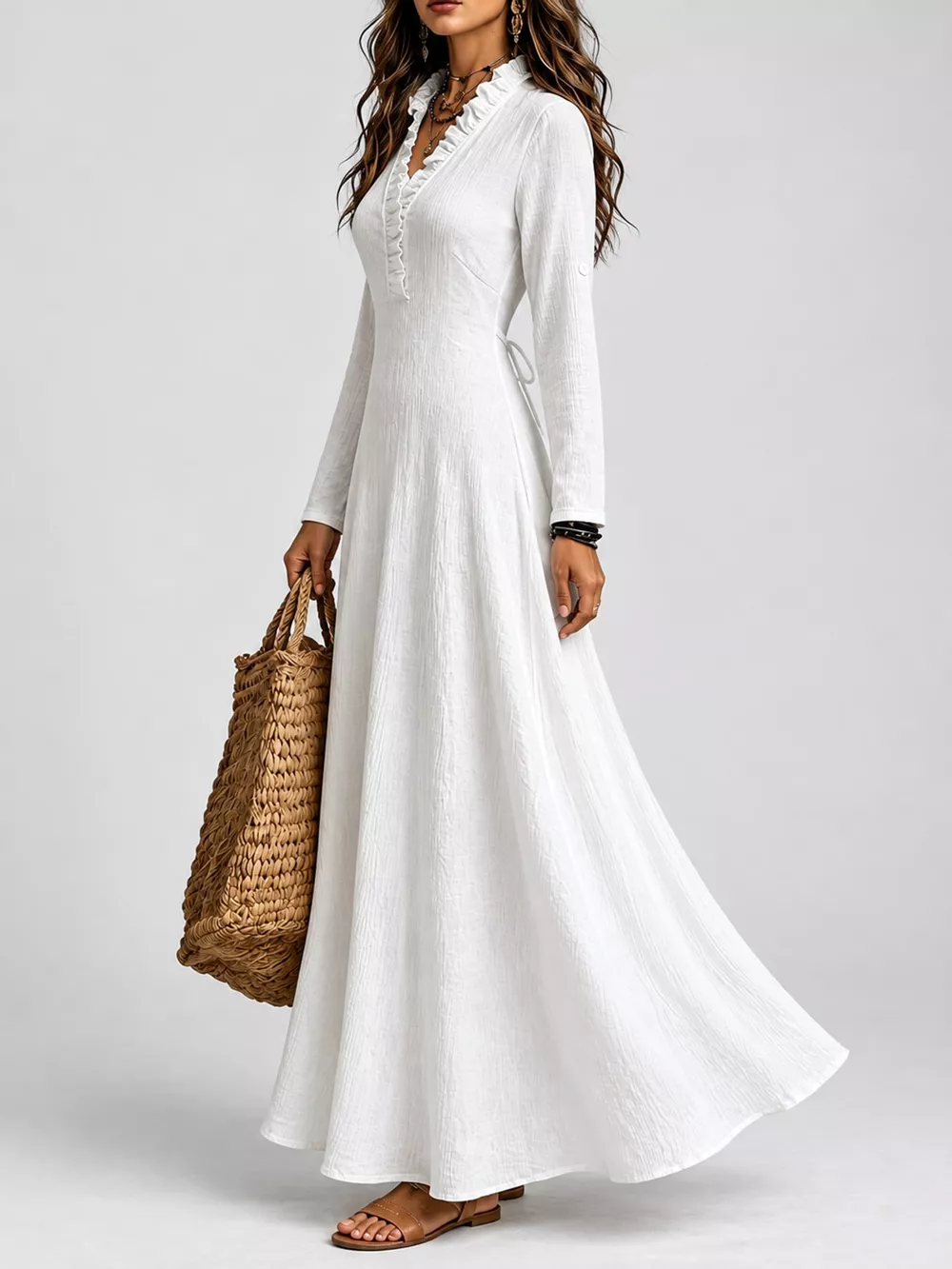 Full Size Frill Roll-Up Sleeve Maxi Dress Plus Size, image 3