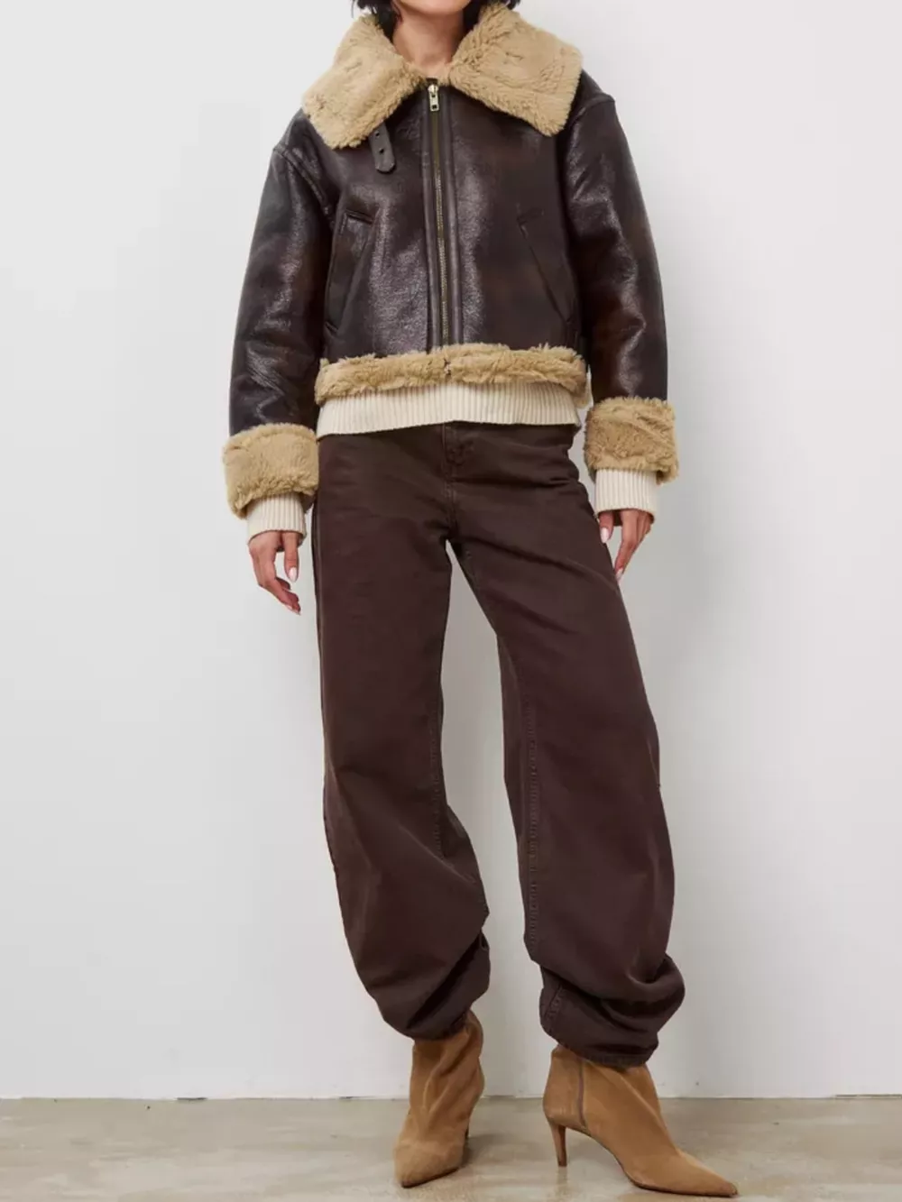 Vintage-Inspired Faux Leather Aviator Jacket with Plush Shearling Trim, image 3