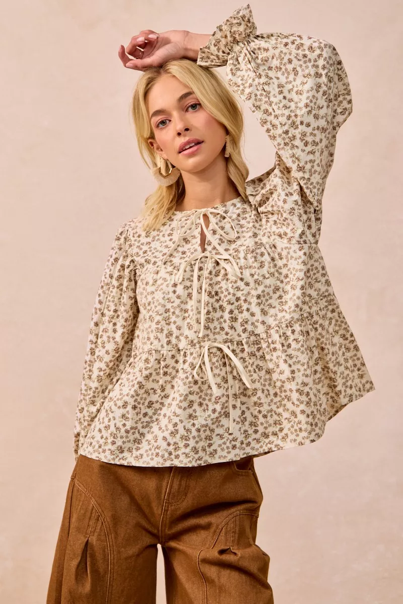 Floral Printed Peplum Blouse with Shirring and Tied, image 7