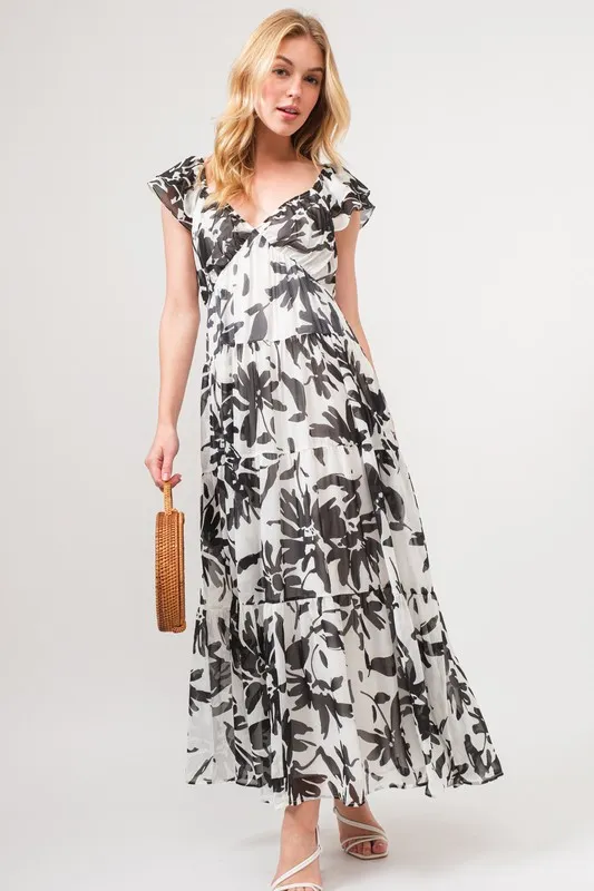 Ruffled Sleeve Tiered Floral Print Maxi Dress