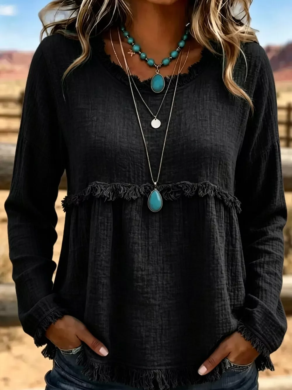 Full Size Frayed Hem Textured Blouse Plus Size, image 4
