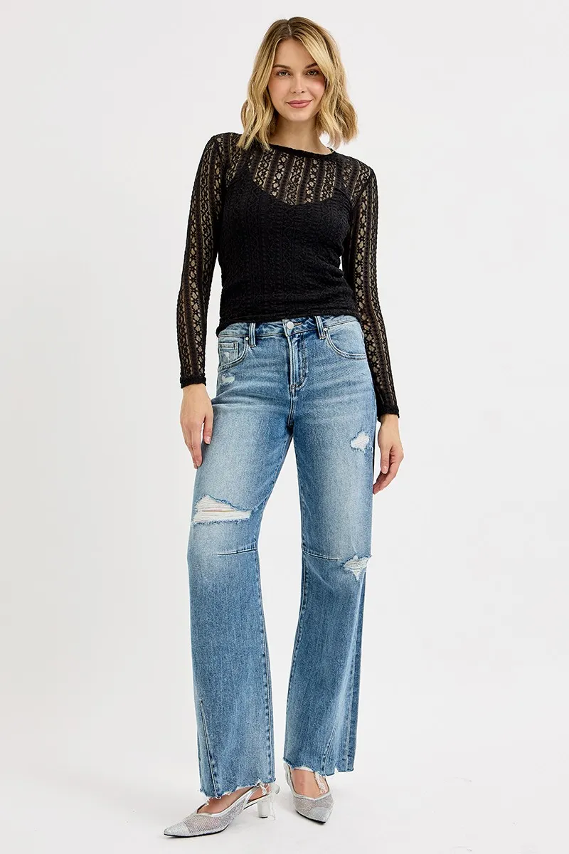 Full Size Mid Rise Fit Wide Baggy Leg Tie Washed Jeans Plus Size, image 6