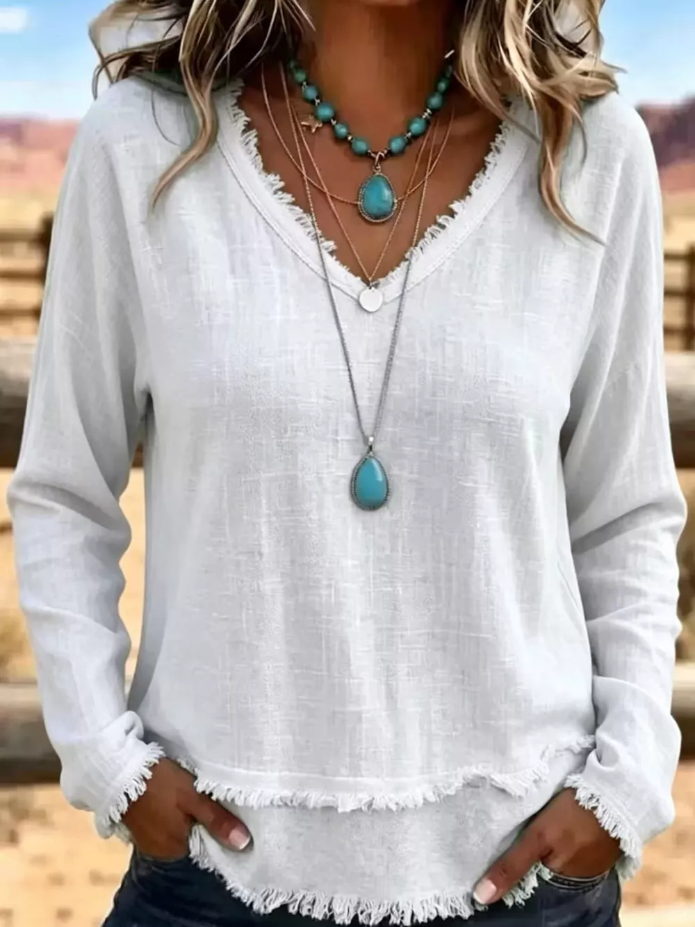 Full Size Frayed Hem V-Neck Long Sleeve Blouse Plus Size, image 16