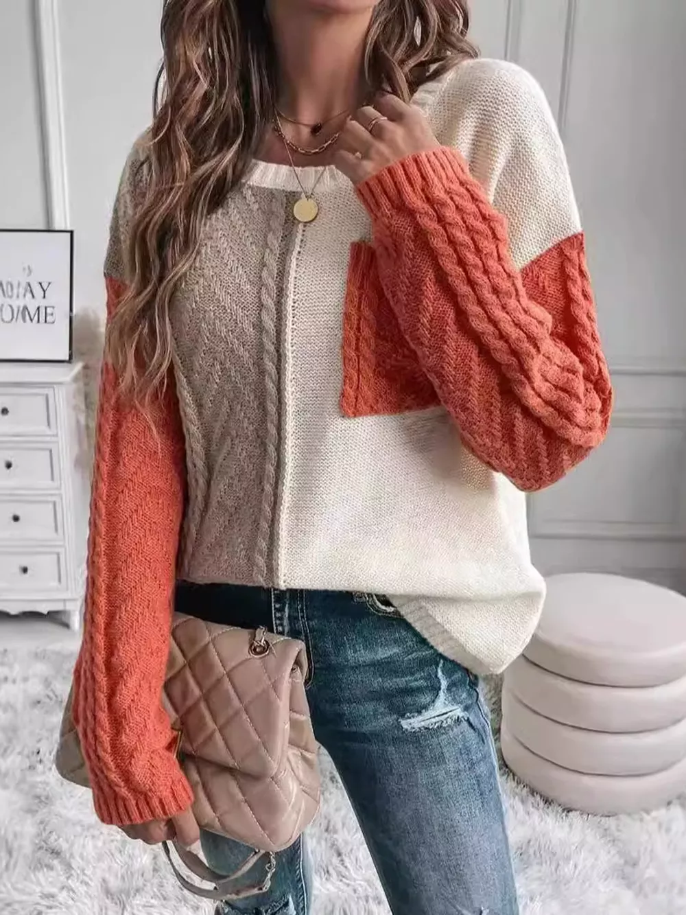 Color Block Cable Knit Sweater, image 2