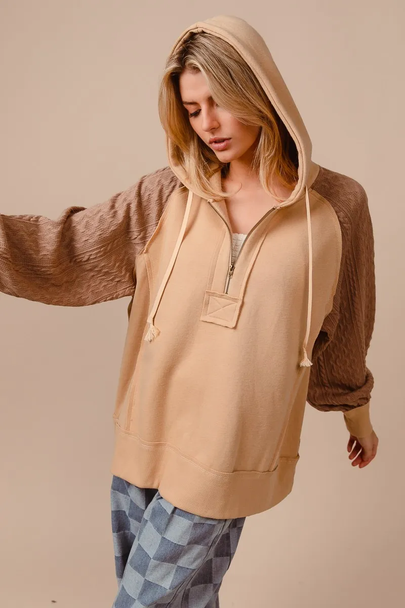 Half Zip French Terry Hoodie with Kint Sleeves, image 7