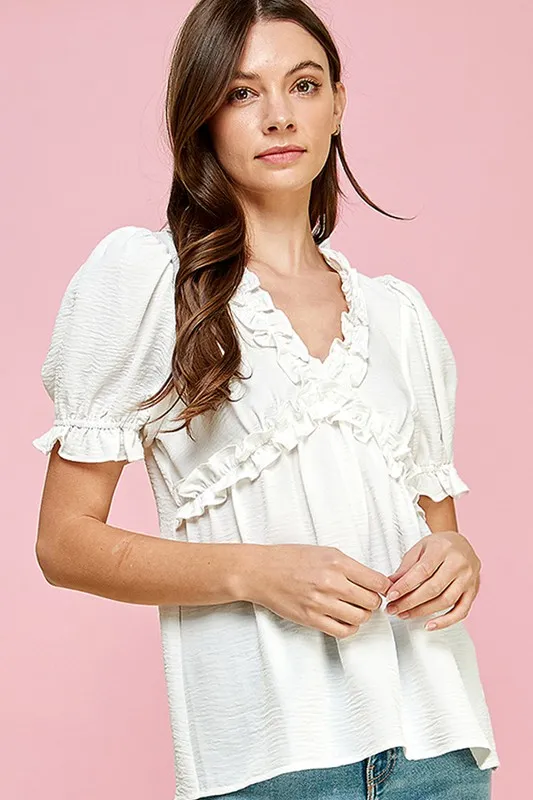 Solid Ruffled Deep V-Neck Puff Sleeve Babydoll Top, image 4
