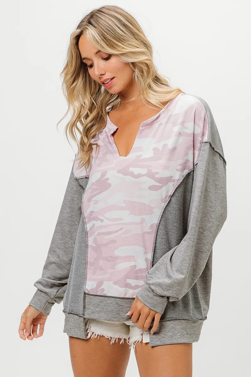 Camo Printed French Terry Knit Color Block Top, image 2