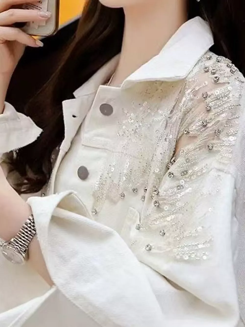 Embellished Rhinestone Snowflake Denim Jacket, image 10