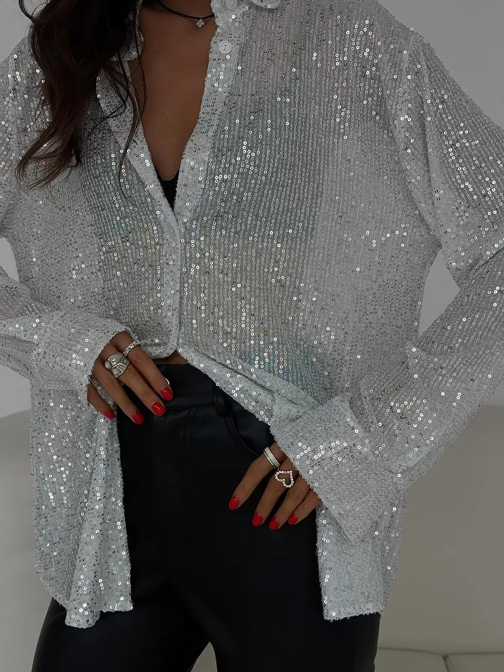 Full Size Sequin Button-Down Shirt Plus Size, image 8