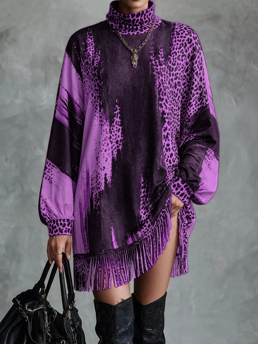 Leopard Print Mock Neck Fringe Hem Mini Dress, image 9