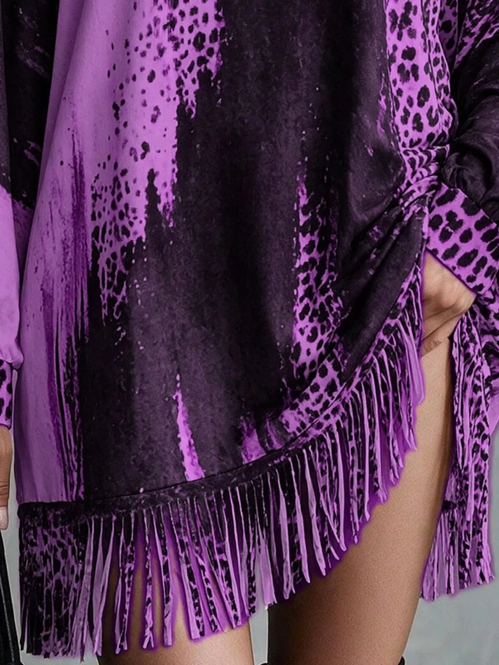 Leopard Print Mock Neck Fringe Hem Mini Dress, image 11