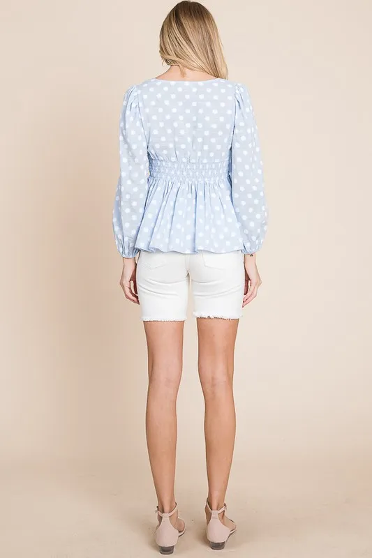 Polka Dot Print Balloon Sleeve Babydoll Peplum Top, image 7