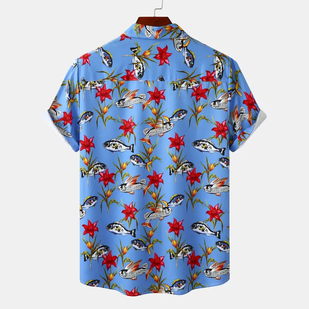Men's Plus Size Floral Print Short Sleeve Button-Up Shirt, image 2