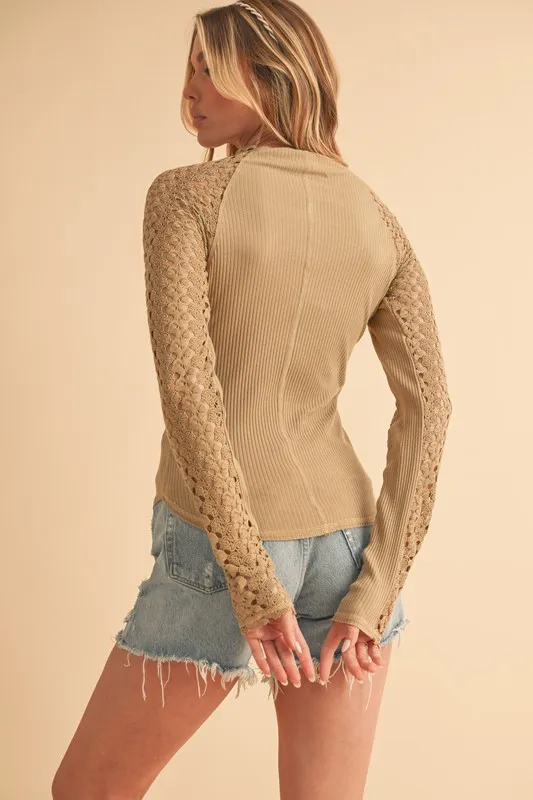 Mock Neck Ribbed Knit Top with Crochet Sleeve, image 6