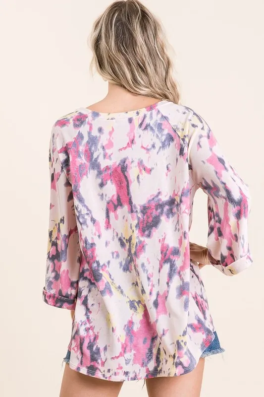 Tie Dye Print Terry A Line Top with Bell Sleeves, image 3