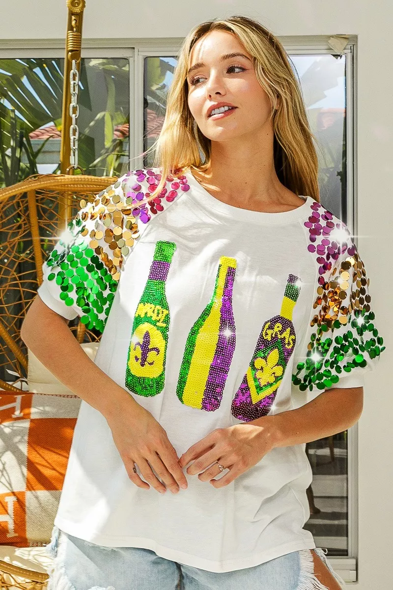 Sequin Mardi Gras Bottles Spangled Sleeve Top, image 17