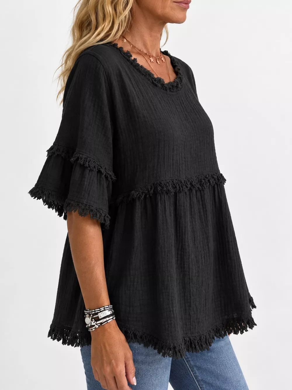 Full Size Frayed Edge Textured Blouse Plus Size, image 14