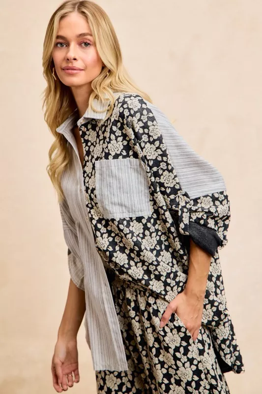 Stripes Jacquard Floral Mix And Match Shirt Top, image 7