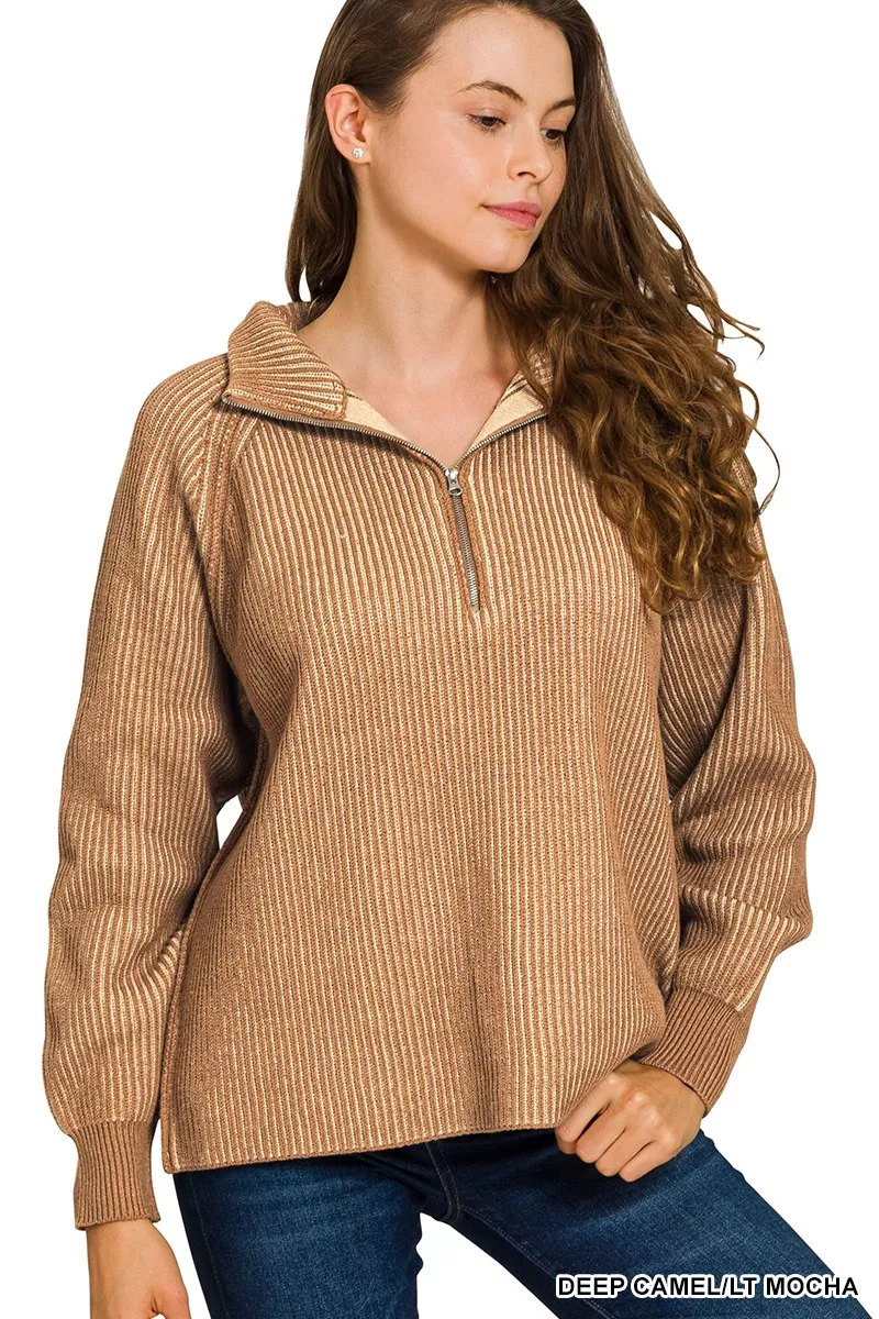 Ribbed Two Tone Half Zip Sweater