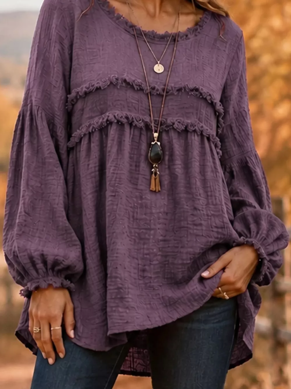 Full Size Boho Chic Textured Frayed Trim Peplum Blouse Plus Size, image 8