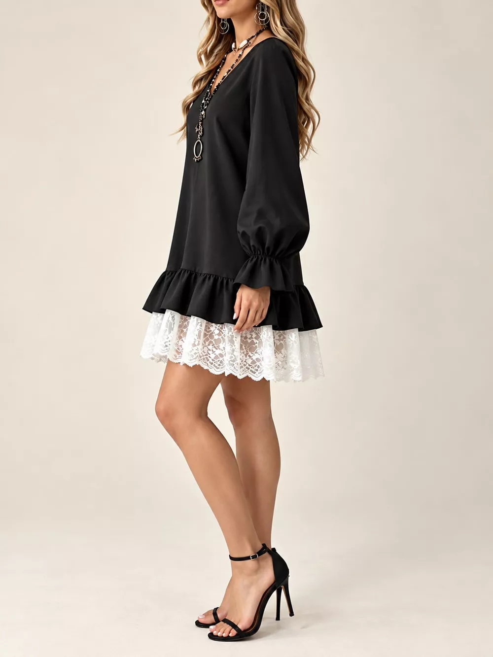 Lace Hem V-Neck Flounce Sleeve Dress, image 22