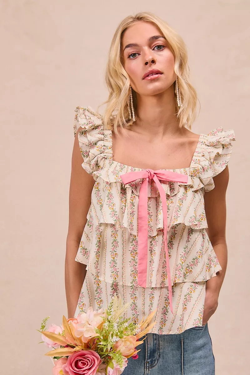 Floral Printed Woven Front Bow Tied Ruffled Square Neck Sleeveless Top, image 6