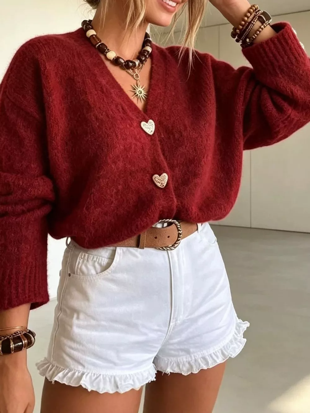 V-Neck Heart-Shaped Buttons Cardigan, image 2