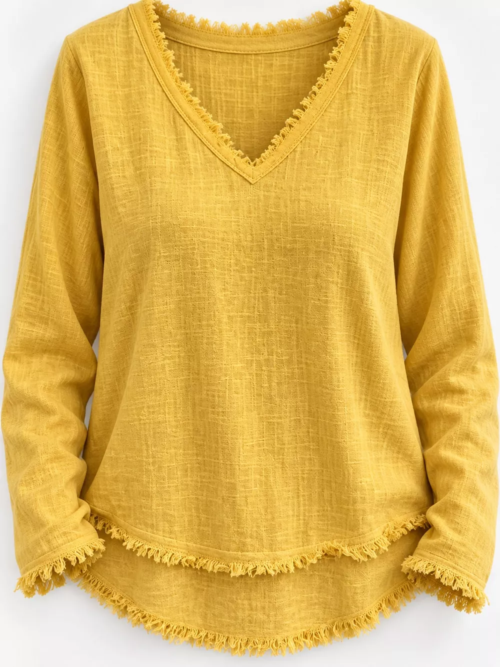 Full Size Frayed Hem V-Neck Long Sleeve Blouse Plus Size, image 35
