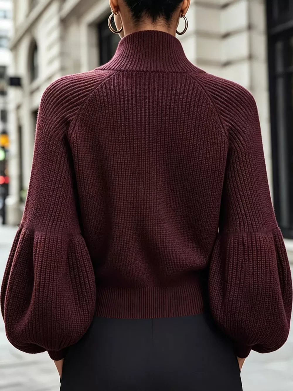 Ribbed Knit Zip-Up Cardigan with Lantern Sleeves, image 3