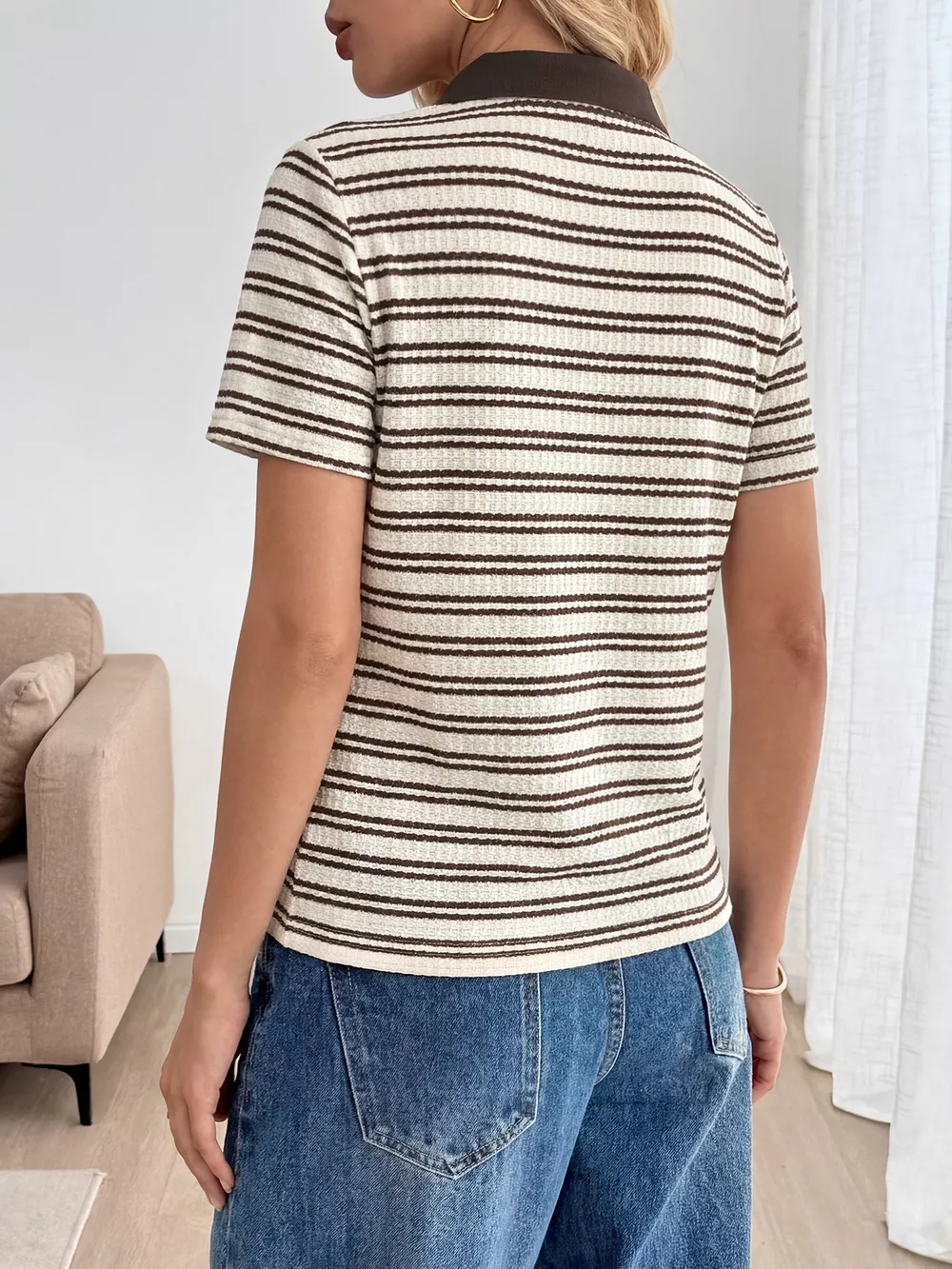 Striped Polo Collar Short Sleeve Top, image 6