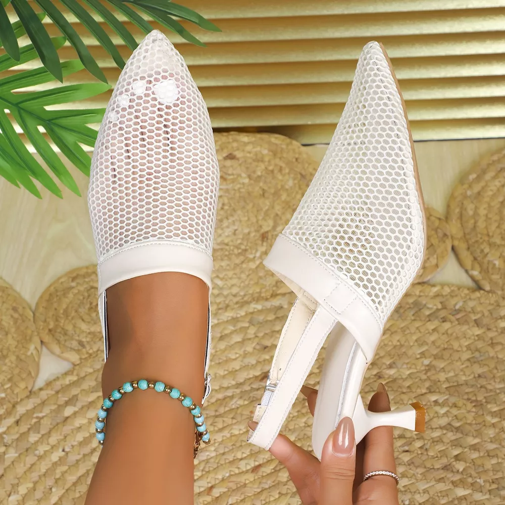 Mesh Pointed Toe Kitten Heel Sandals, image 9