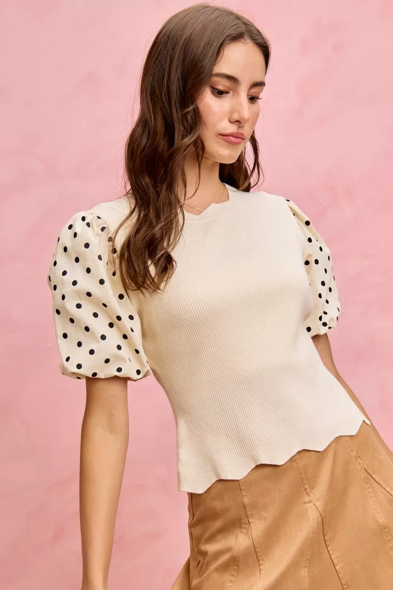 Polka Dot Contrast Woven Ballon Sleeve Blouse, image 9