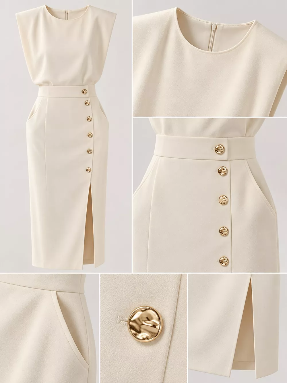 Sleeveless Midi Dress with Gold Button Detail and Side Slit, image 25