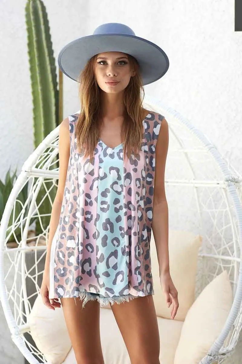 Leopard Printed Jersey Knit Color Block Sleeveless, image 12