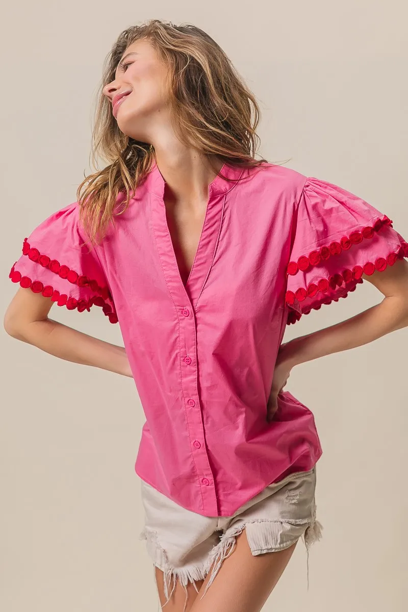 Dot Trim Flutter Sleeve Notched Top, image 15