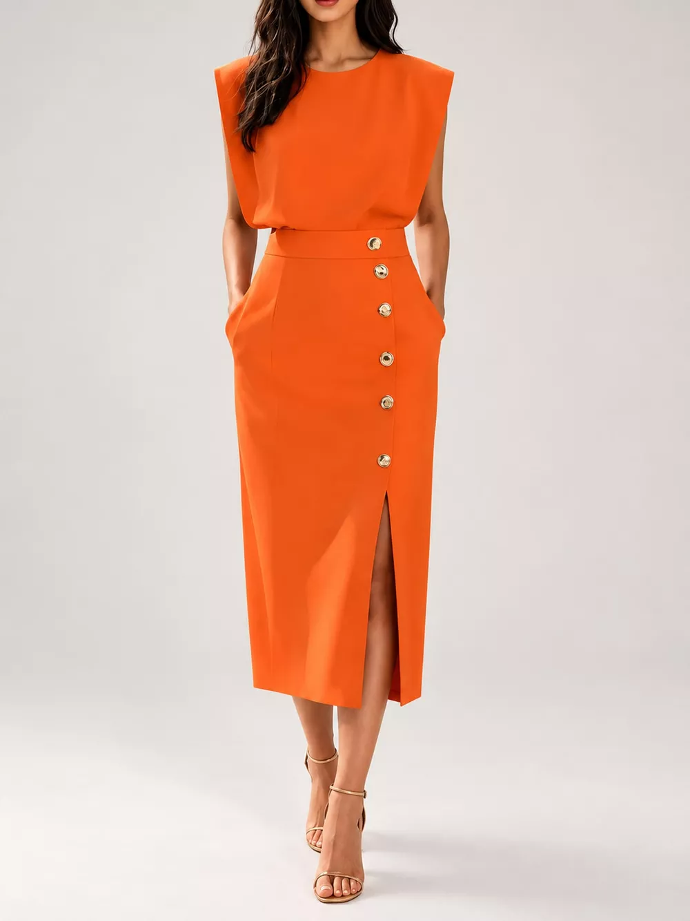 Sleeveless Midi Dress with Gold Button Detail and Side Slit, image 36