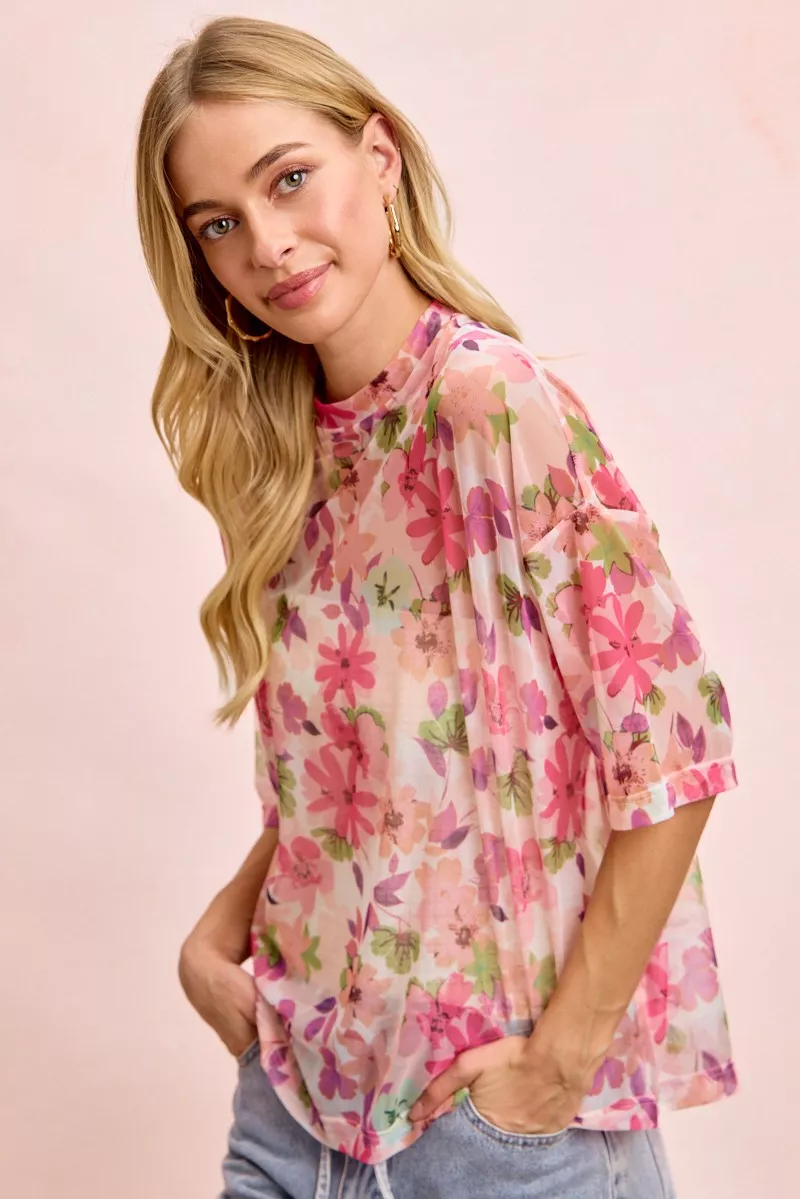 Floral Print Short Sleeves Boxy Mesh Top, image 10