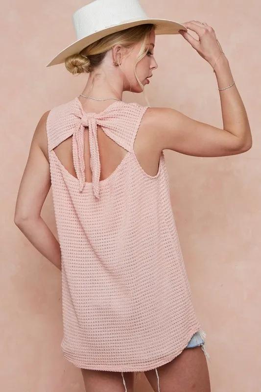 Popcorn Waffle Open Back Top with Tied Ribbon, image 2