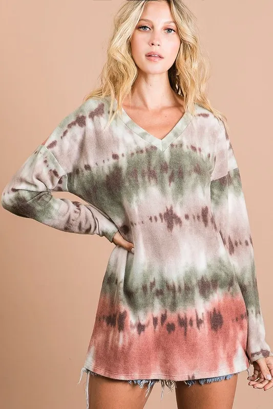 Brushed Tie Dye Looking Print V Neck Top, image 7