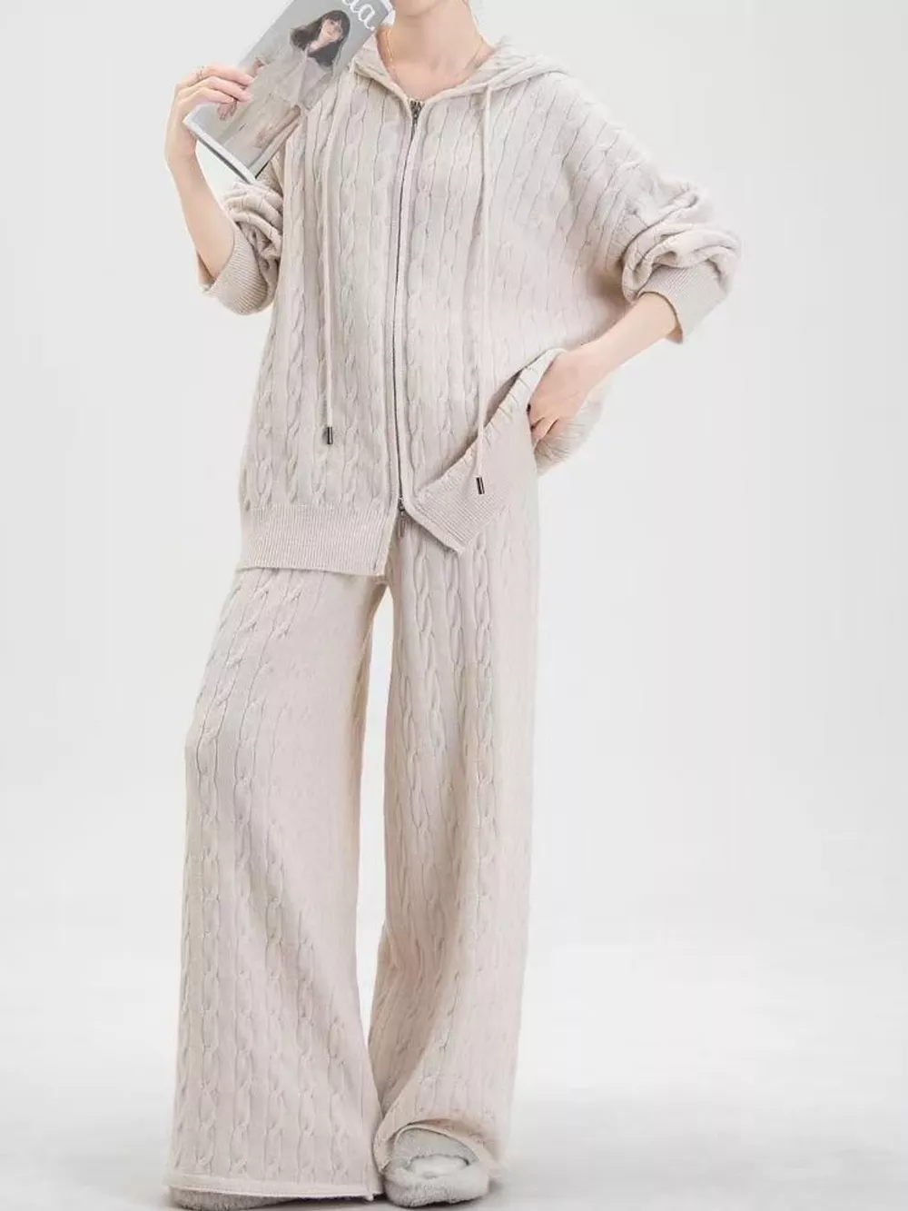 Cable Knit Zip-Up Hooded Cardigan and Wide-Leg Pants Sweater Set, image 11