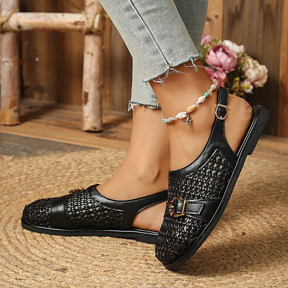 Woven Flat Sandals with Buckle Detail, image 4