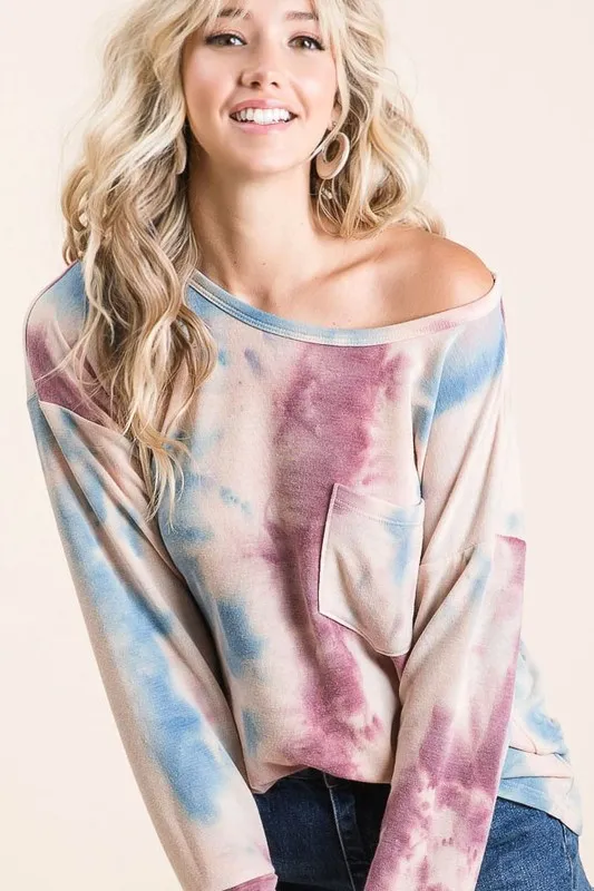 Tie Dye Print Terry Top With Front Patch Pocket, image 3