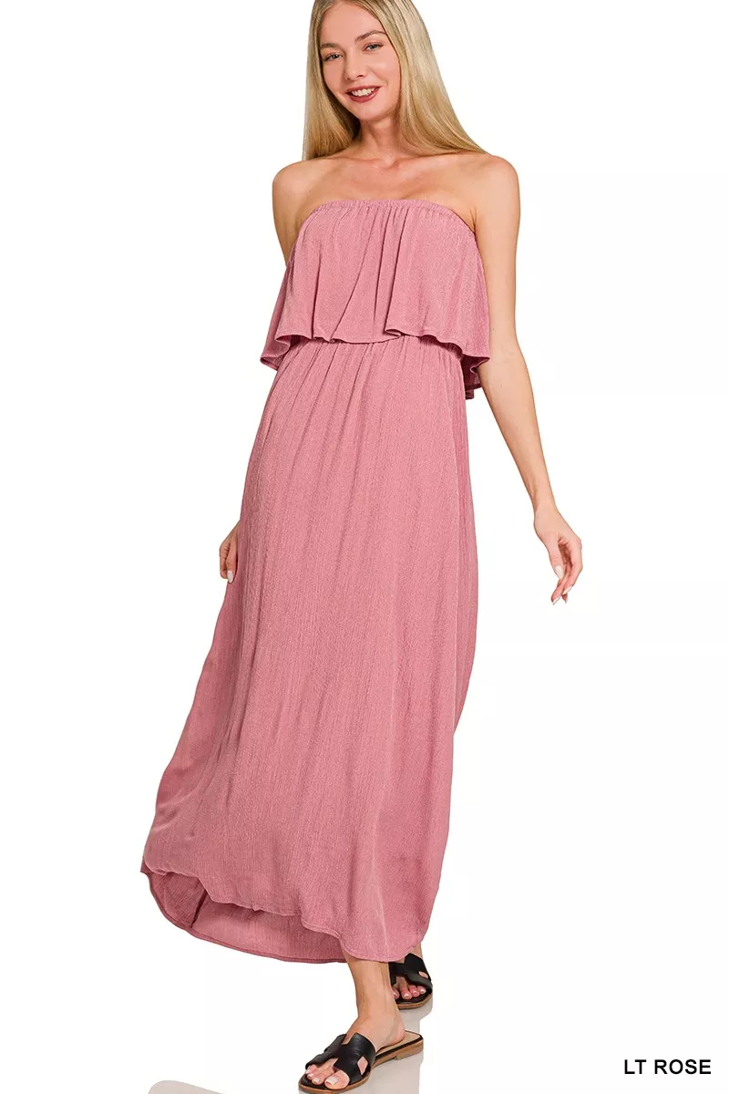 Woven Crinkle Strapless Maxi Dress, image 3