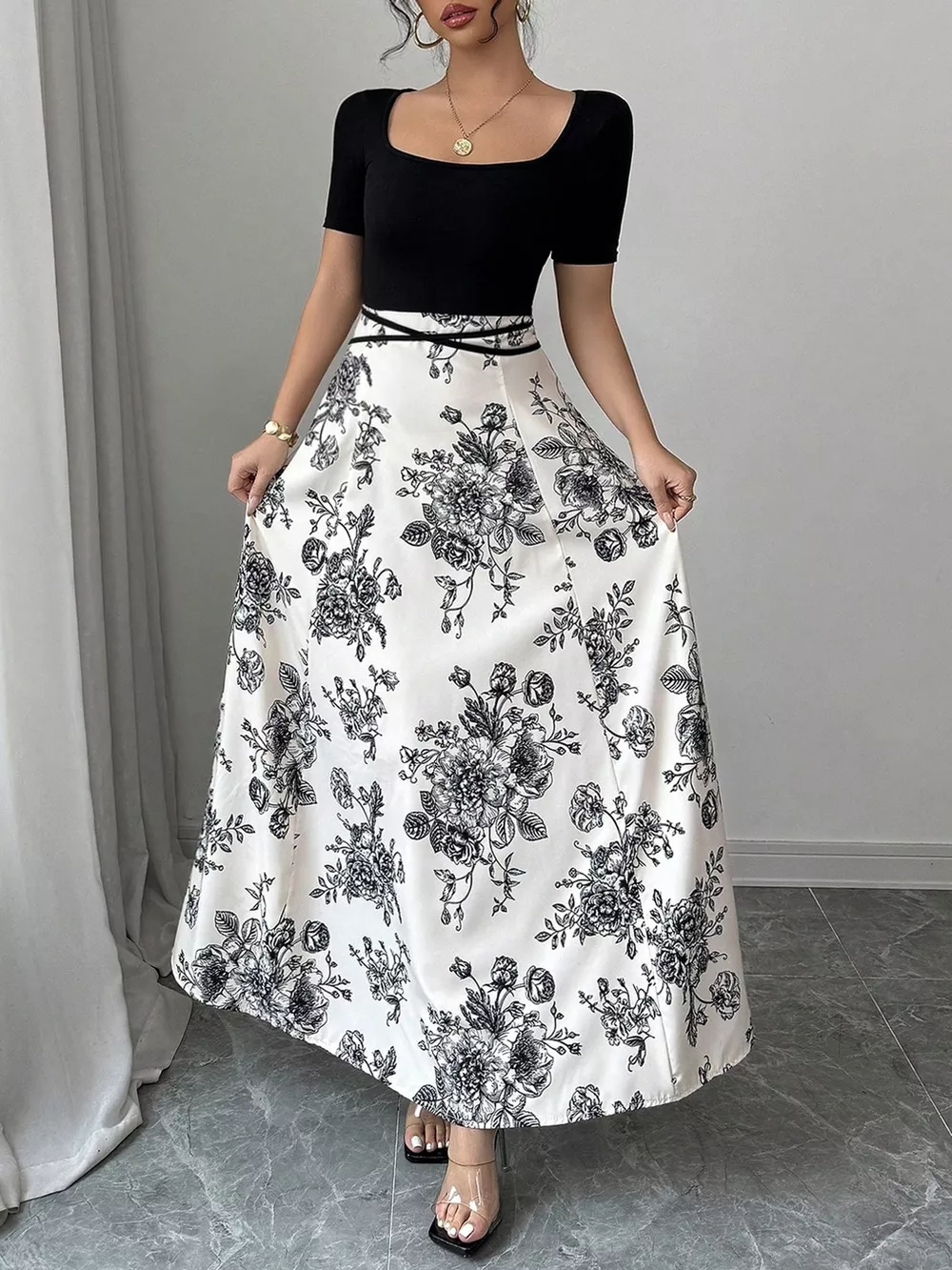 Floral Print Square Neck Maxi Dress, image 2