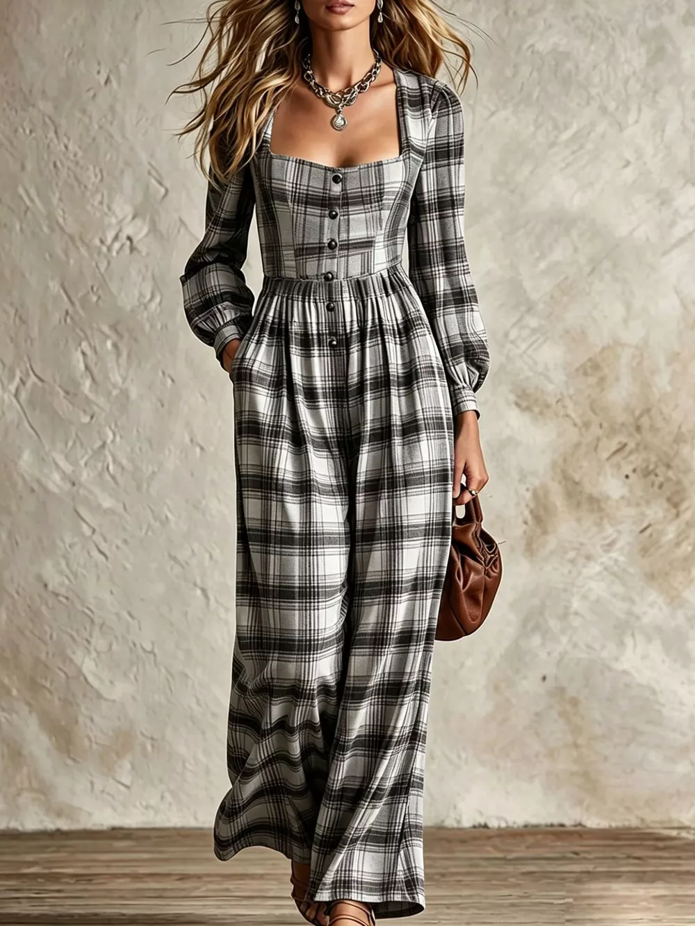 Plaid Square Neck Long Sleeve Wide-Leg Jumpsuit, image 10
