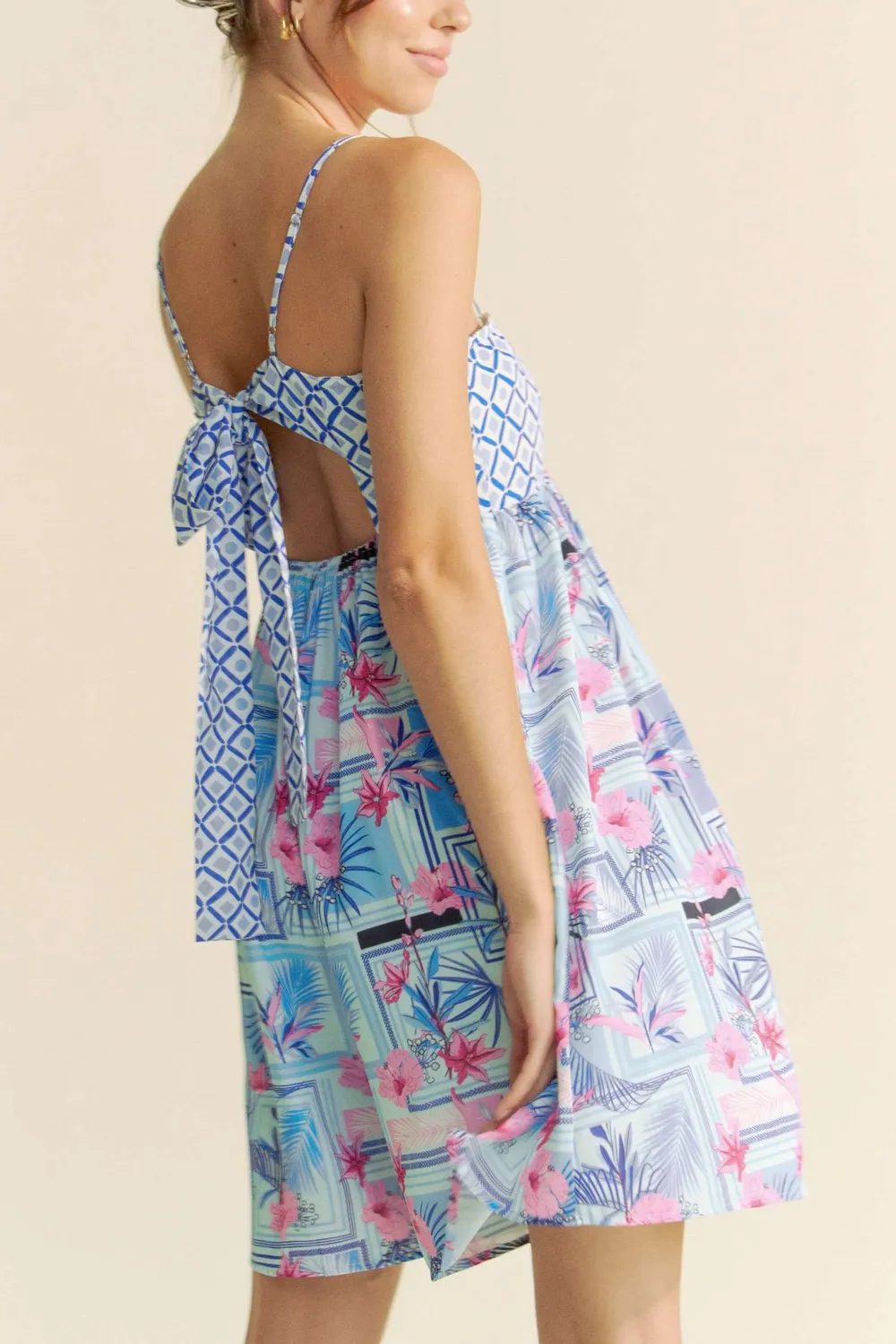 Tropical Floral Geo Print Tie Back Tube Top Romper, image 7