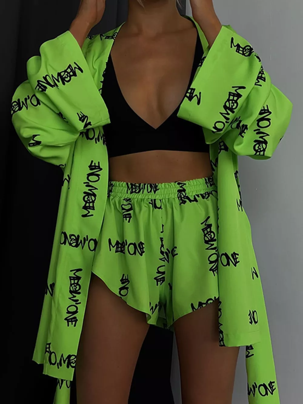 Geometric Cat Print Cardigan and Shorts Lounge Set, image 17